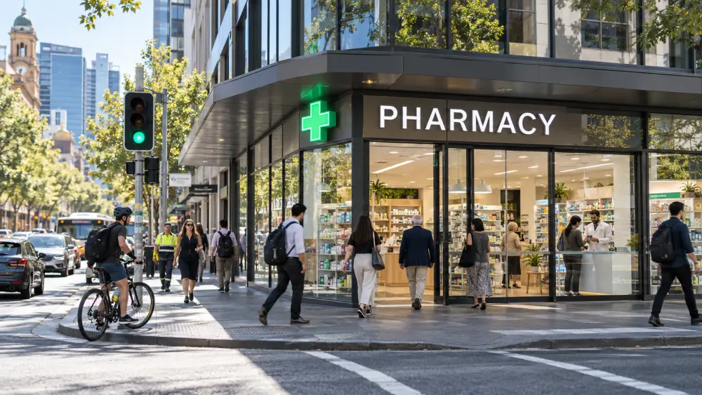 A pharmacy storefront on a busy CBD street corner
