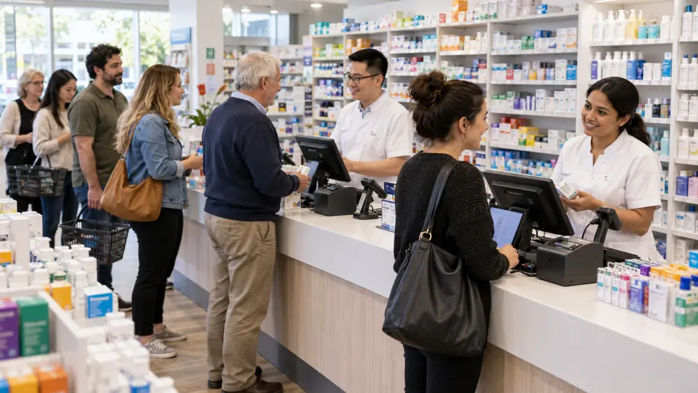Pharmacy support team assisting a customer at the counter
