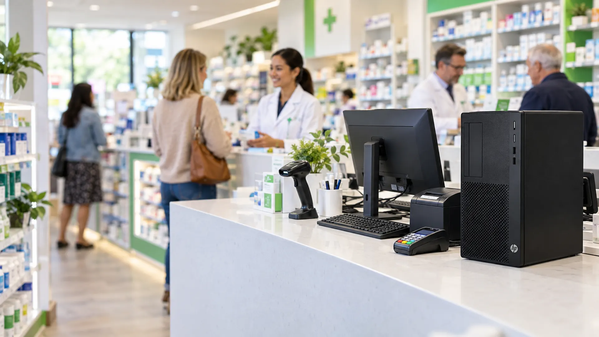 A pharmacy dispensary server and point-of-sale hardware on the counter behind the scenes